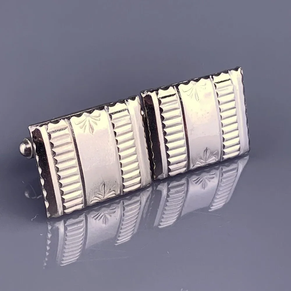 Decorative Fans Lines Cufflinks Silver Tone Stamped Art Deco Rectangle Vintage